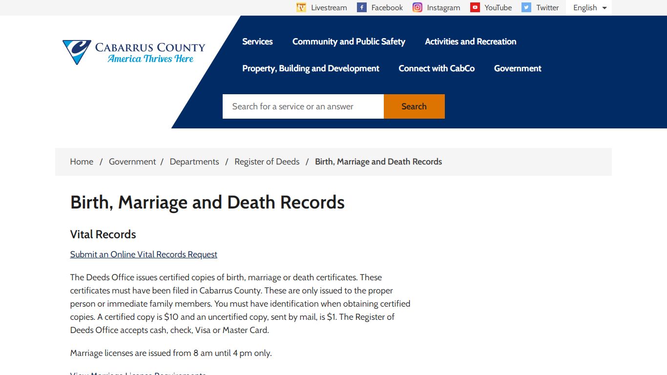 Birth, Marriage And Death Records - Cabarrus County